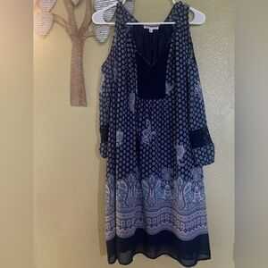 DR2 Dark Blue and White Patterned Long Sleeve Dress cold shoulder